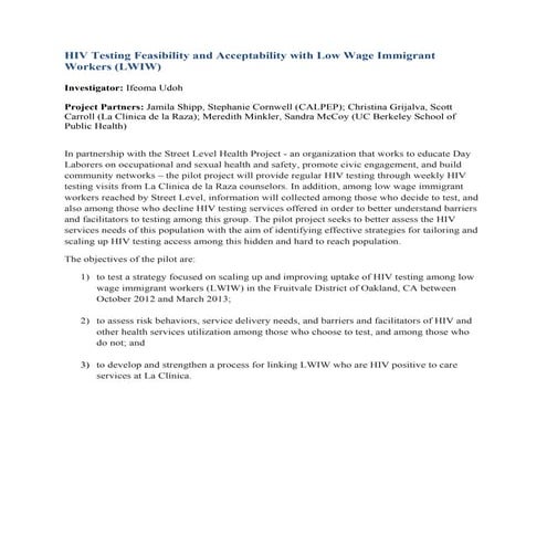Hiv testing feasibility and acceptability with low wage immigrant workers