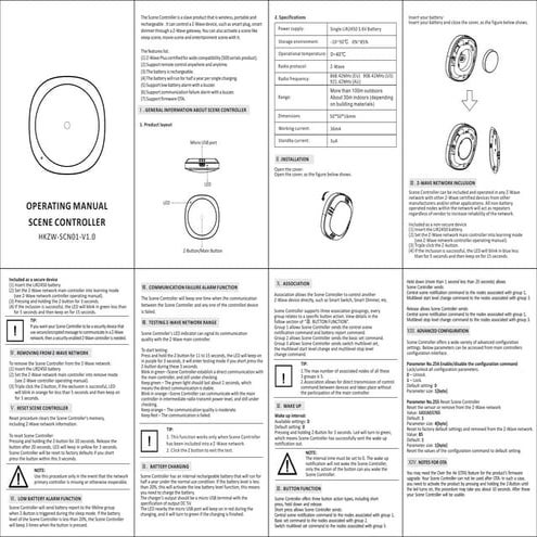 Wall controller 1 Button rechargeable Remote Z-Wave Plus - Hank Manual