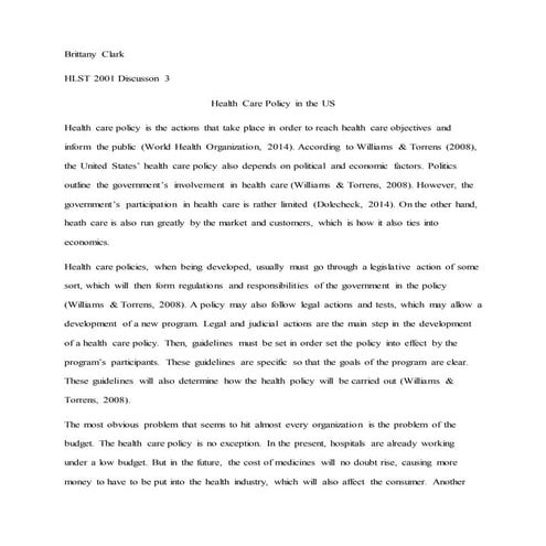 Hlst 2001 Healthcare Policy in the US