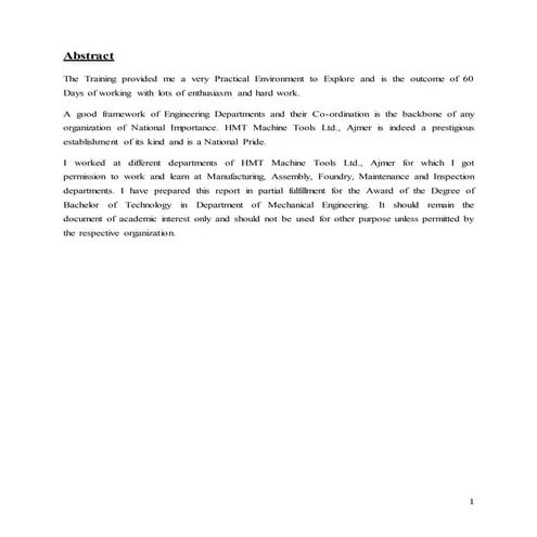 HMT Machine Tools Ltd Ajmer Practical Summer Training Report