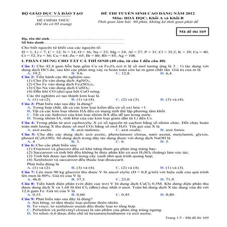 Đề thi cao đẳng môn Hóa học 2012