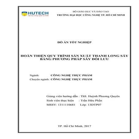 Hoàn thiện quy trình sản xuất thanh long sấy bằng phương pháp sấy đối lưu