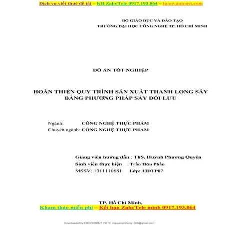 Hoàn thiện quy trình sản xuất thanh long sấy bằng phương pháp sấy đối lưu.doc