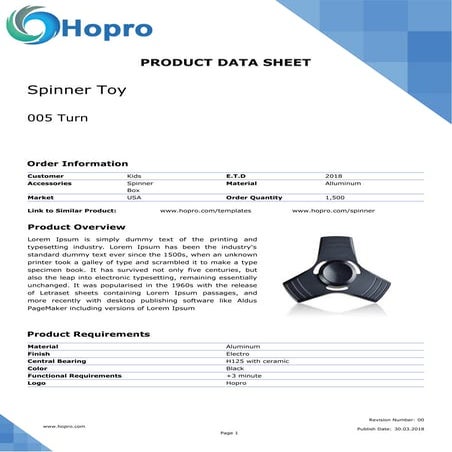 Hobby Product Datasheet Template