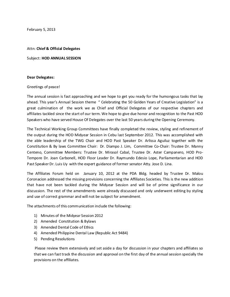 hod cover letter to delegates for annual session 2013 recommendation letter request email