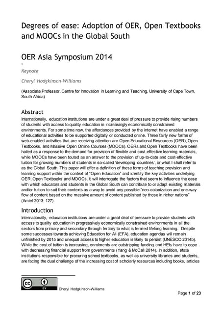 Hodgkinson-Williams 2014 - Degrees of ease: Adoption of OER, Open Textbooks and MOOCs in the Global South