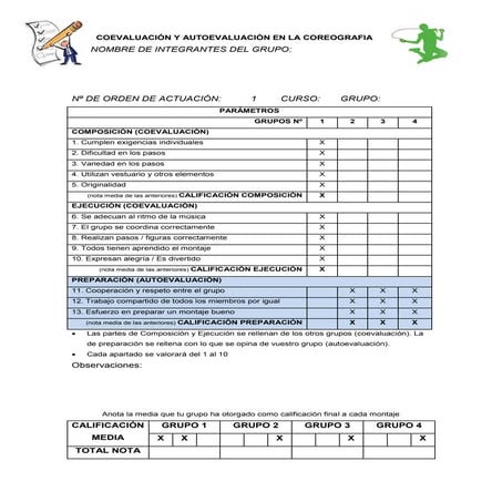 Hoja de coevaluación y autoevaluación en combas