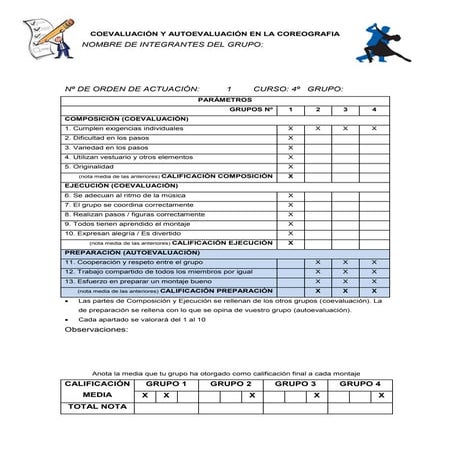 Hoja de coevaluación y autoevaluación en coreografía