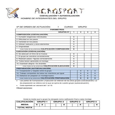 Hoja de coevaluación y autoevaluación en el acrosport
