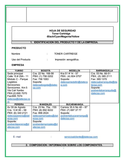 Hoja de seguridad toner