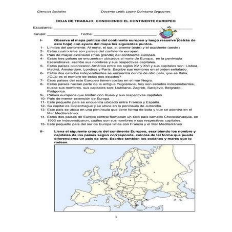Hoja de trabajo el Continente europeo