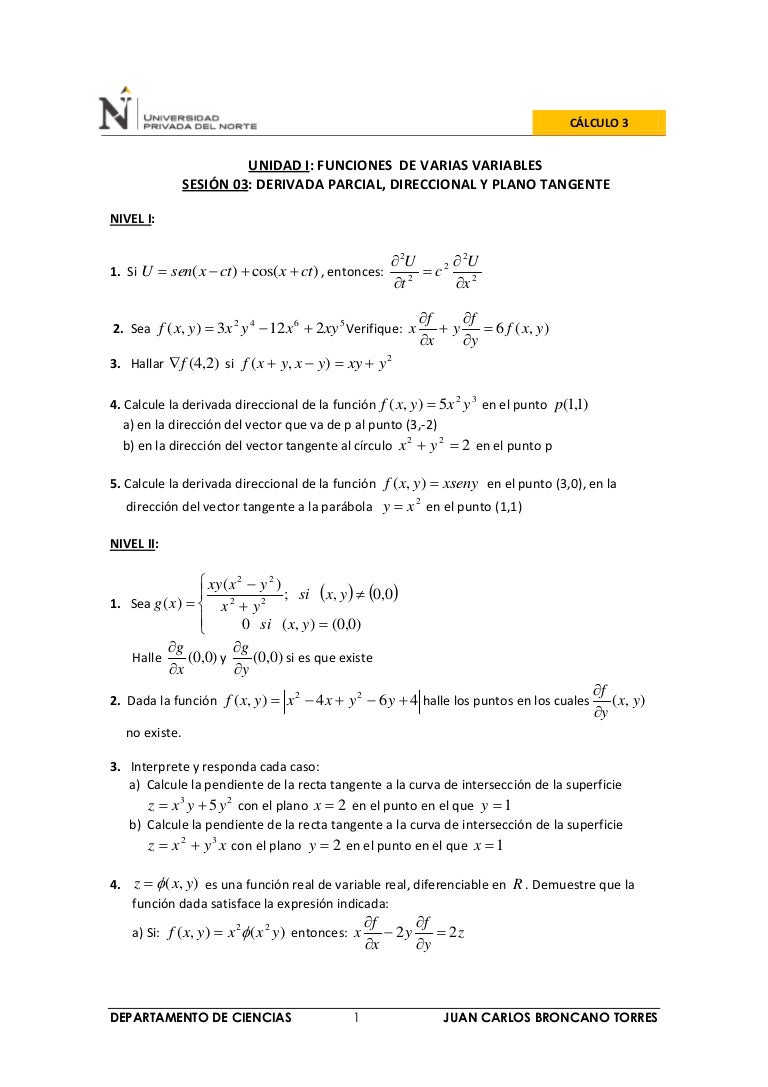 Hoja De Trabajo Sesion 03 Ejercicios Plano Tangente Derivada Direcci