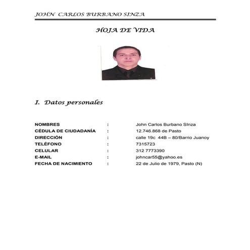 Hoja de vida actualizada john burbano 2010