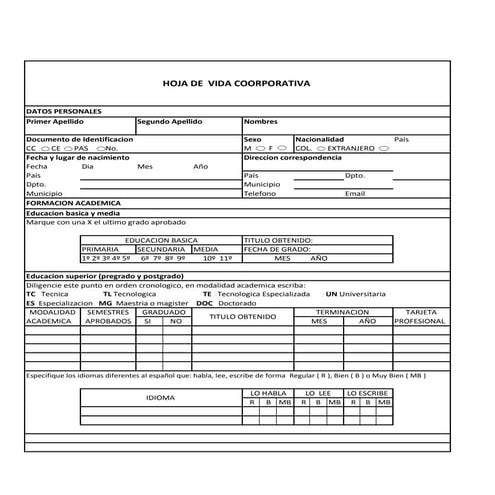 HOJA DE VIDA CORPORATIVA