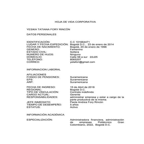 Hoja de vida corporativa tatiana