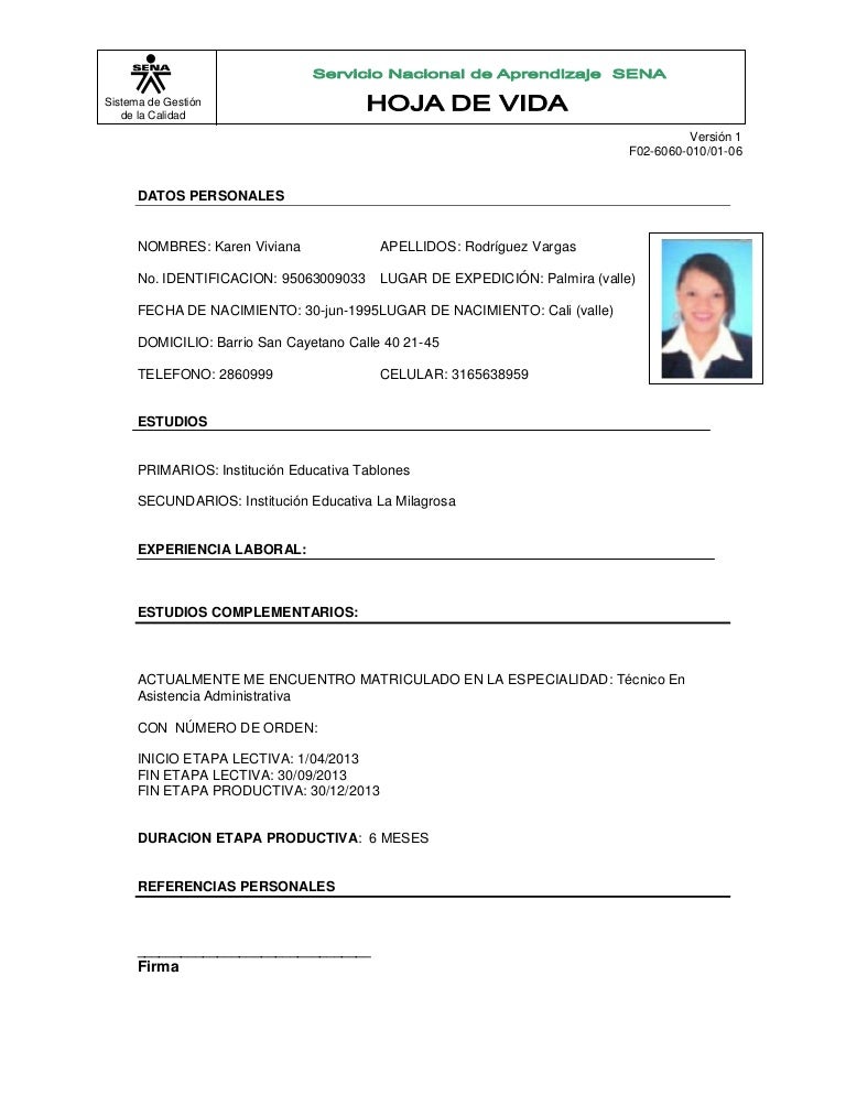 Hoja De Vida Formato Aprendices Sena 1