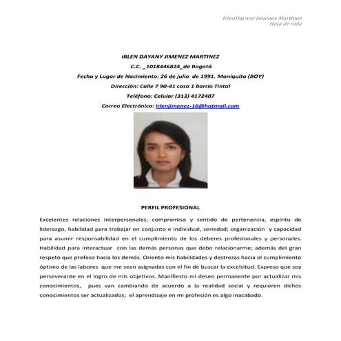 Hoja de vida irlen jiménez martínez