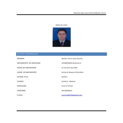 Hoja de vida juan camilo gomez