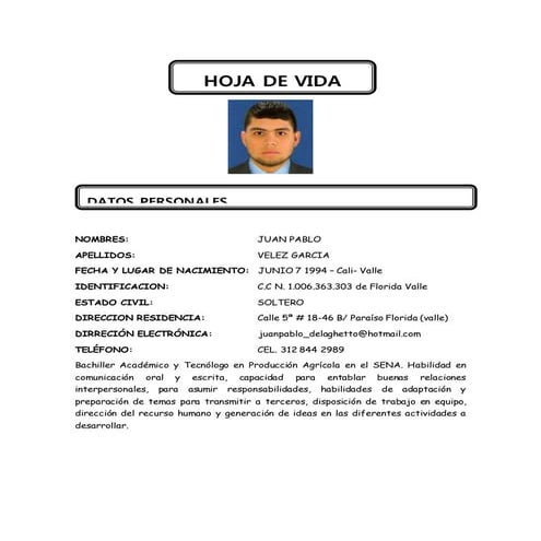 Hoja de vida juan pablo velez garcia