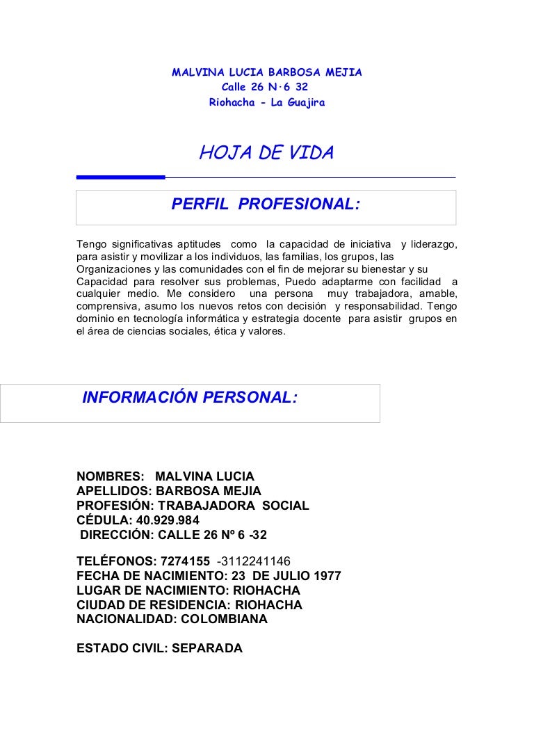Hoja de vida malvina barbosa