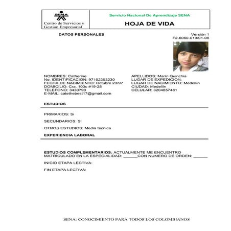 Hoja de vida (marin quinchica 10º3).