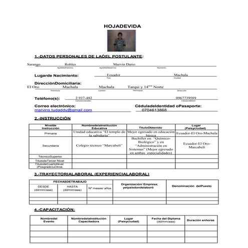 Hoja de vida y dedicatoria del pis