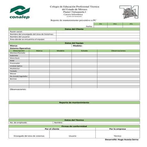 Hoja de mantenimiento