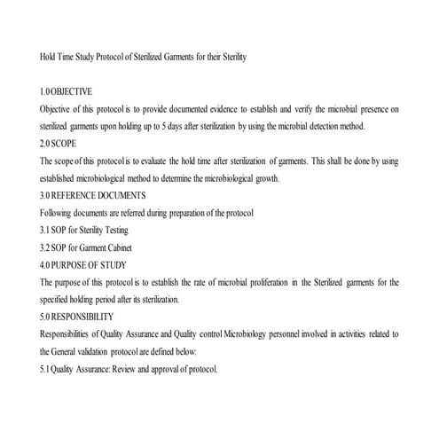 Hold time study protocol of sterilized garments for their sterility