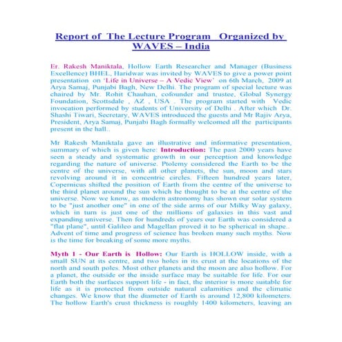 Hollow earth & life in universe – a vedic view