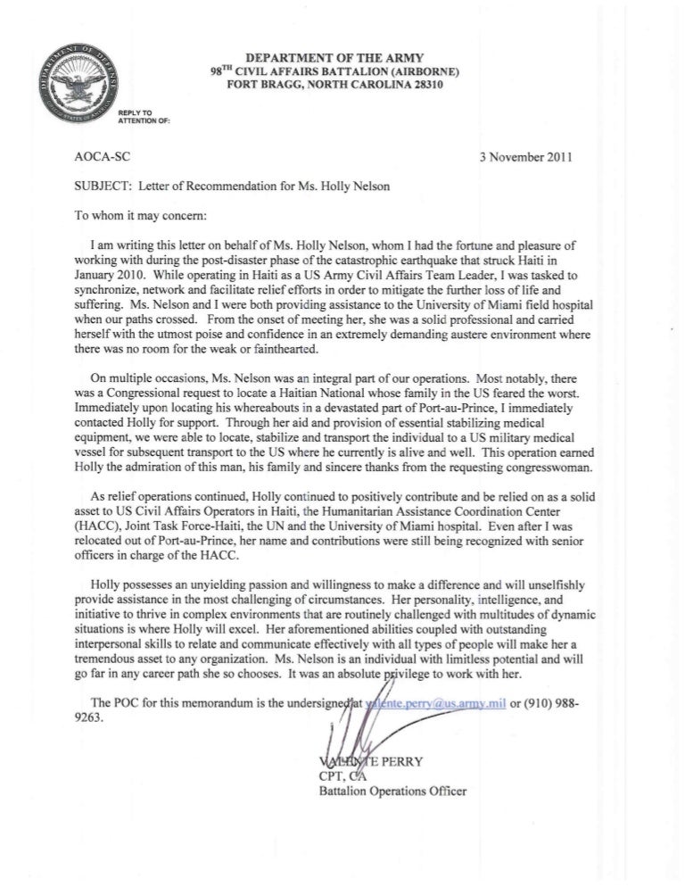 holly nelson us army civil affairs lor army letter of recommendation