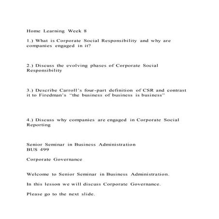 Home Learning Week 81.) What is Corporate Social Responsibilit