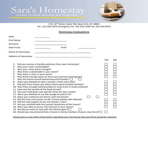 Sara's Homestay - Homestay evaluations | DOCX