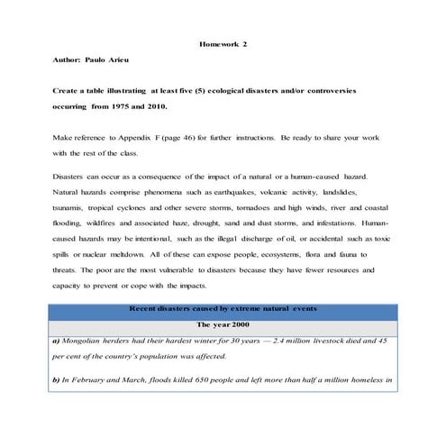 Table illustrating at least five (5) ecological disasters and/or controversies