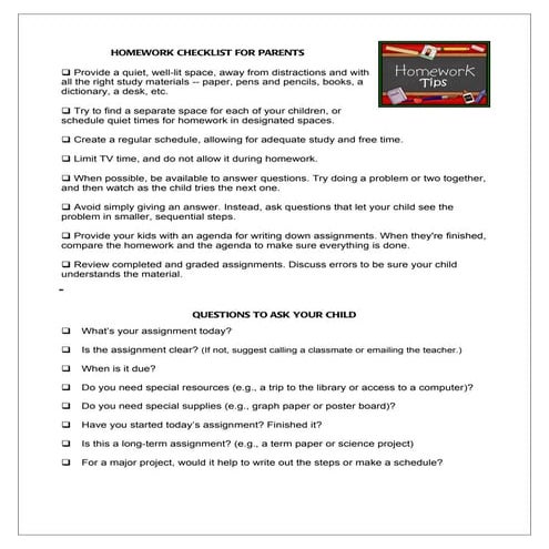 Homework checklist for parents