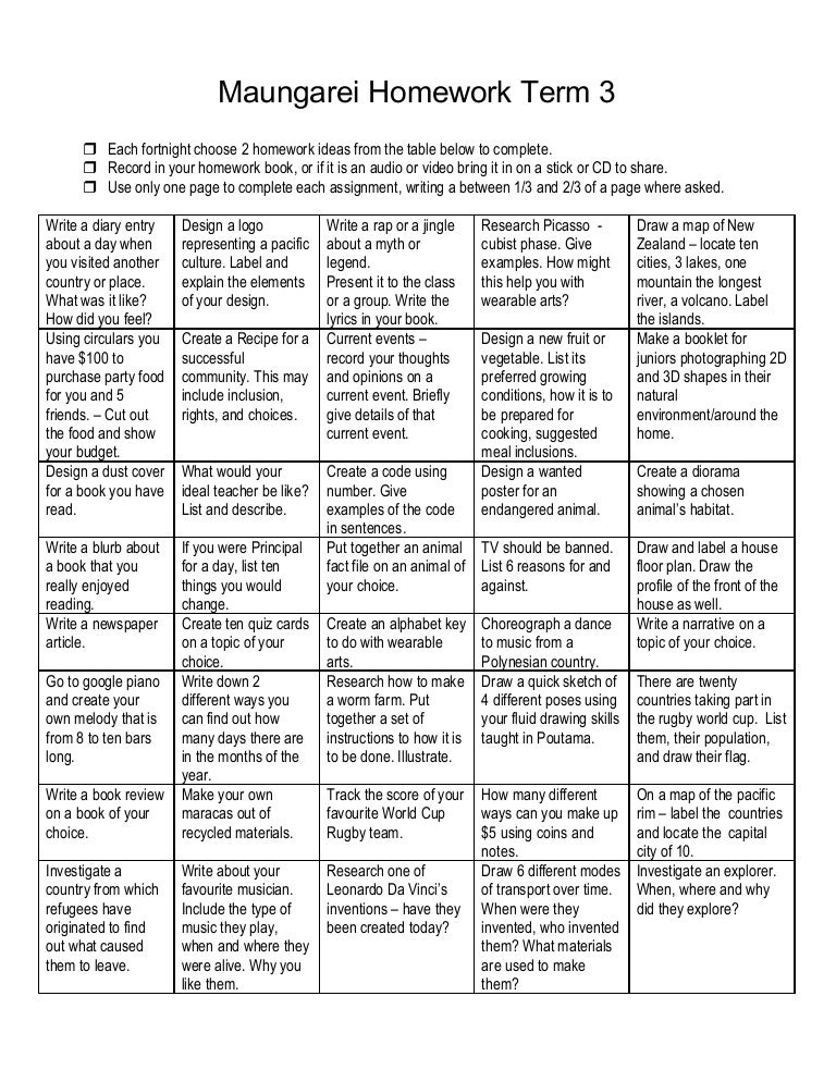 Year 2 homework grid