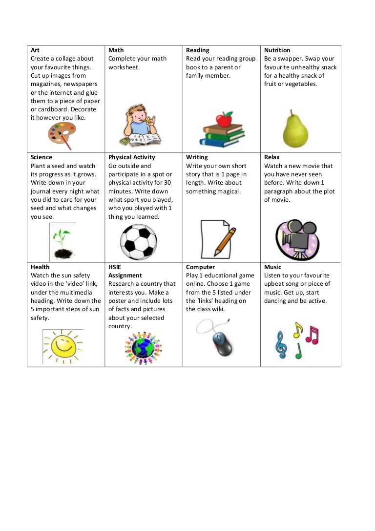 Health and wellbeing homework grid 08 picture