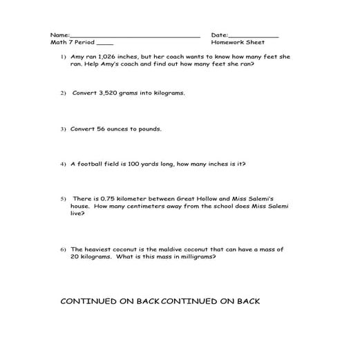 Homework sheet customary and metric | DOC