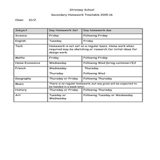 Homework timetable  2015-16