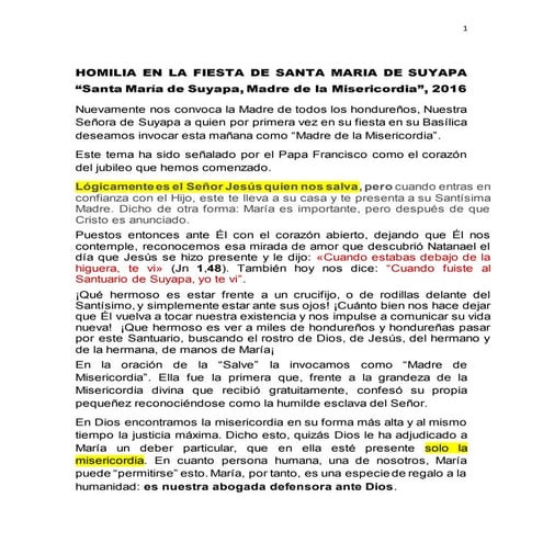 Homilia en la fiesta de santa maria de suyapa 2016