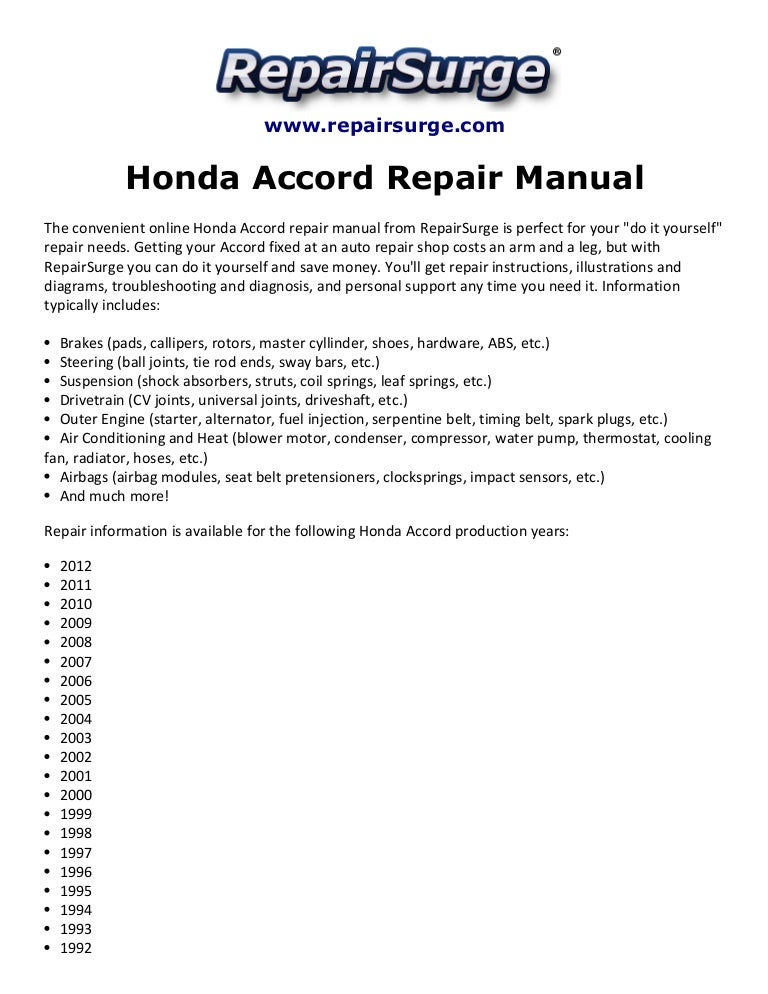 Honda Accord Repair Manual 1990 2012