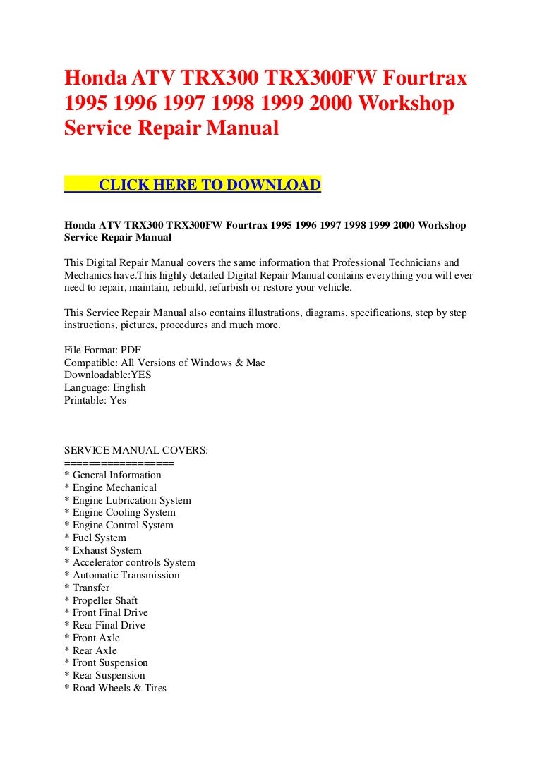 Honda atv trx300 trx300 fw fourtrax 1995 1996 1997 1998 1999 2000 wor…