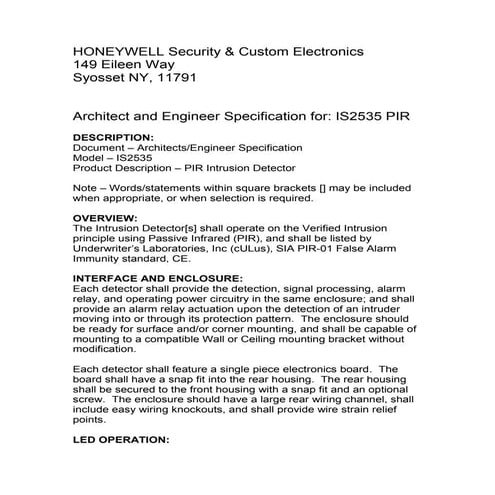 Honeywell is2535-spec-sheet