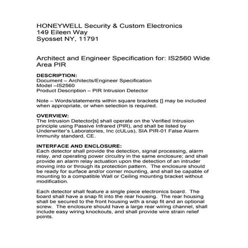 Honeywell is2560-spec-sheet
