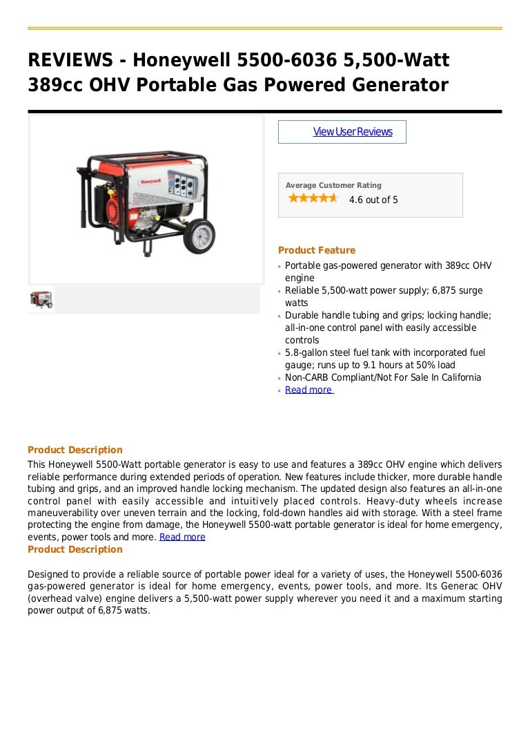 Honeywell 5500 6036 5,500watt 389cc ohv portable gas powered generat…