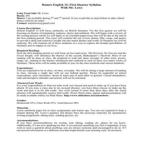 Honors english 12 syllabus