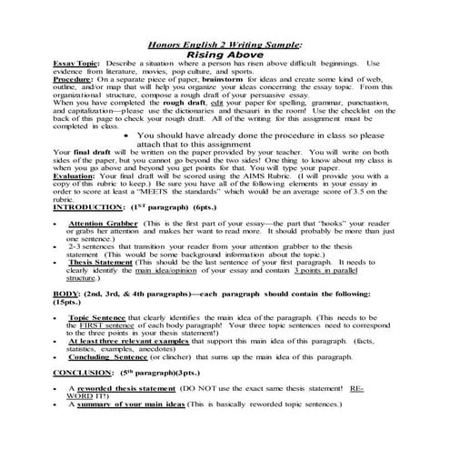 Honors english 2 writing sample