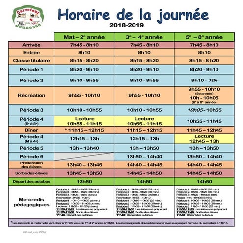 Horaire de la journee 2018 2019