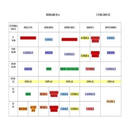 Horari 5è A curs 2011-12