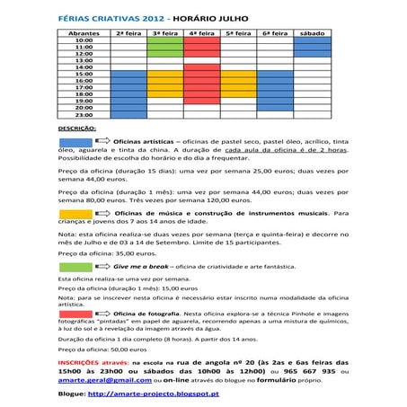 Horarios e inscrições- férias criativas