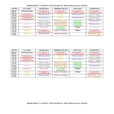 Horario cuarto básico 2016